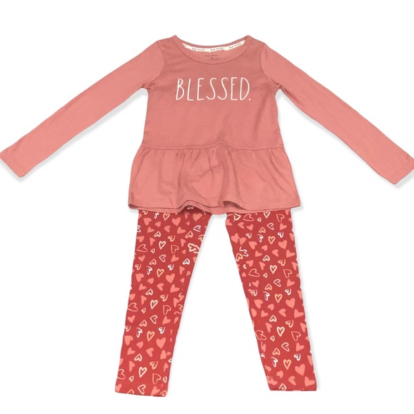 🚩SOLD🚩Rae Dunn BLESSED Ruffle Top + Heart Print Pants - 2 Piece Set - NEW - Picture 2 of 5